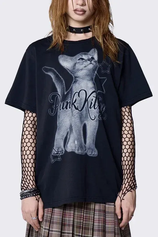 Siyah Unisex Punk Kitty Print T-Shirt x6