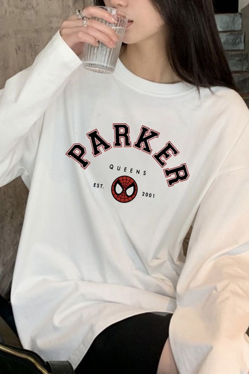 Beyaz Unisex Peter Parker Uzun Kol T-Shirt x6