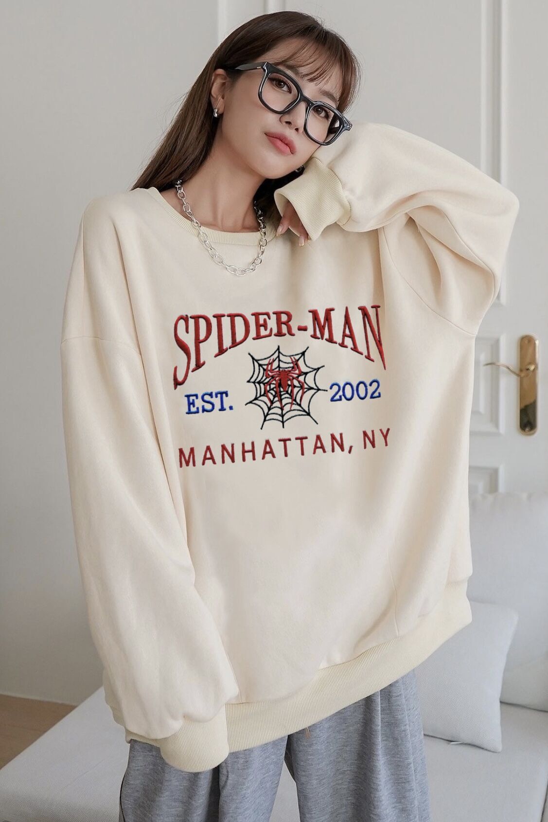 Bej Spiderman Est 2002 Nakışlı Sweatshirt x6