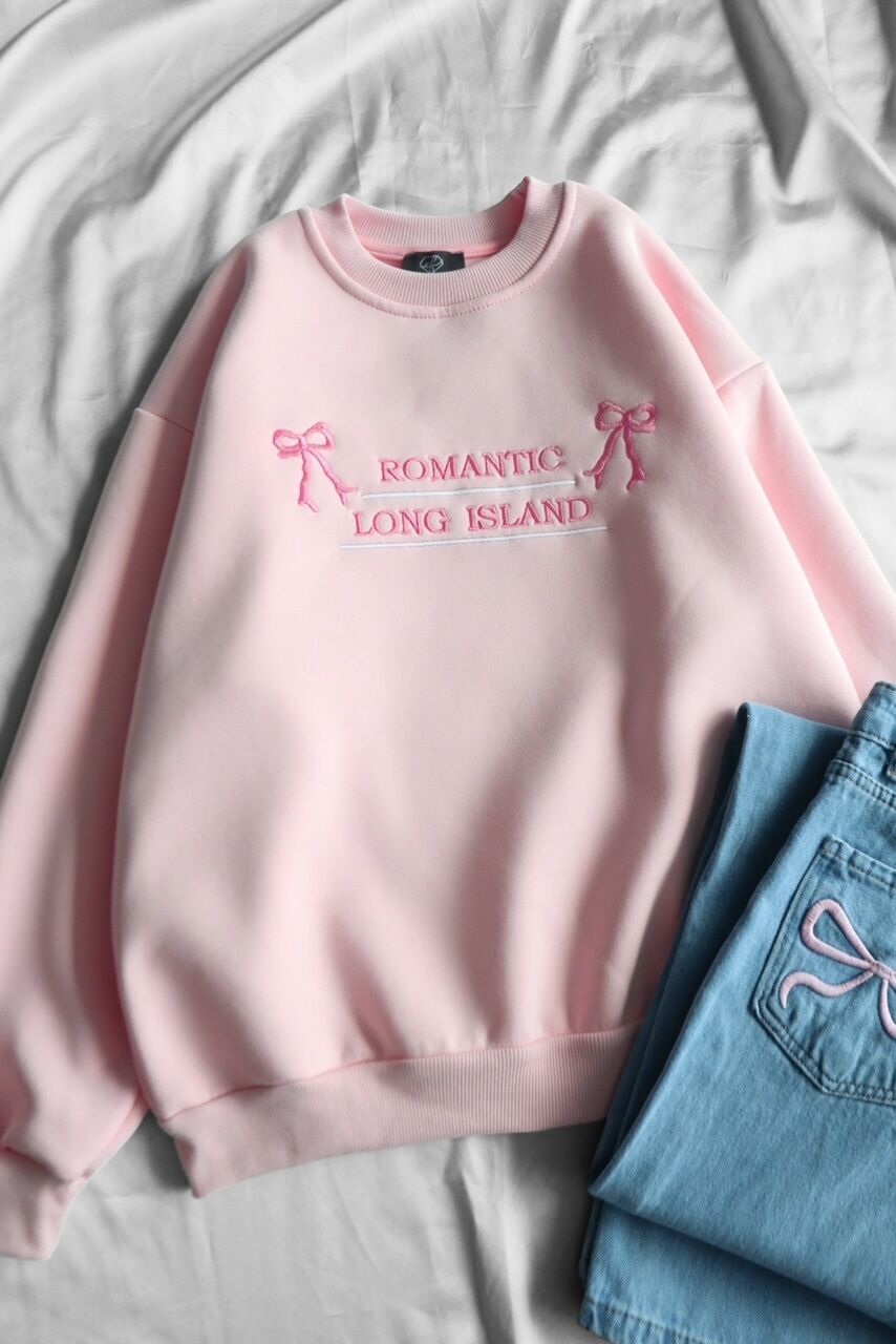 Pembe Romantic Long Island 3 İplik Şardonlu Sweatshirt x6