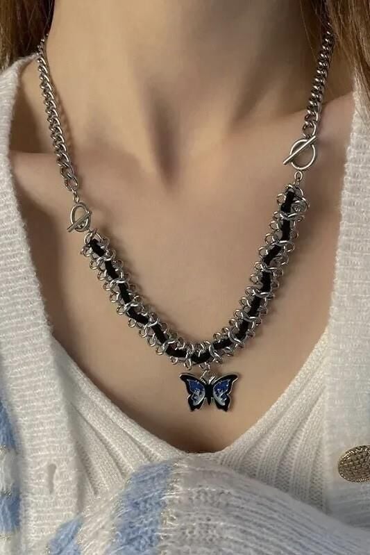 Blue Butterfly Black Stone Kolye