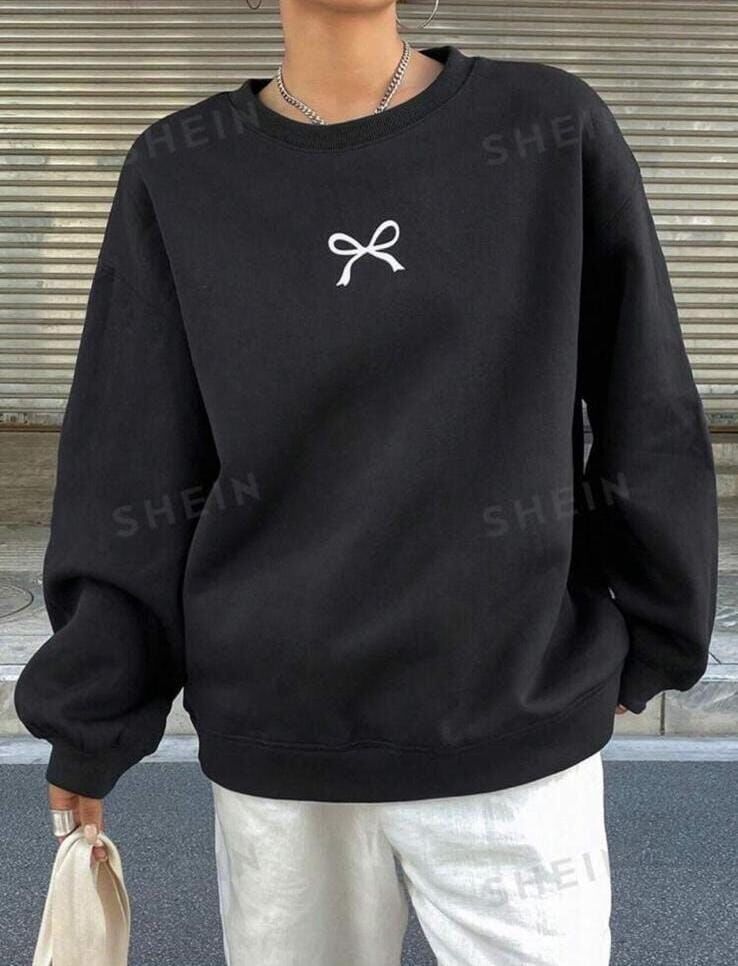 Siyah 3 İplik Şardonlu Y2K Harajuku Tıny Bow Sweatshirt x6