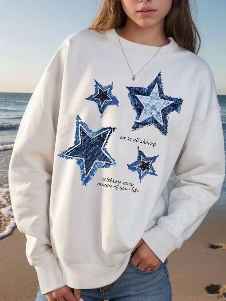 Beyaz 3 İplik Şardonlu Blue Stars Print Sweatshirt x6