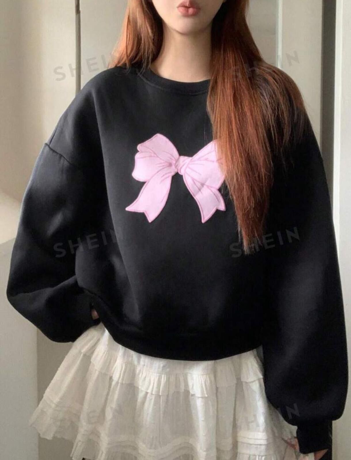 Siyah 3 İplik Şardonlu Y2K Harajuku Bowtie Sweatshirt x6