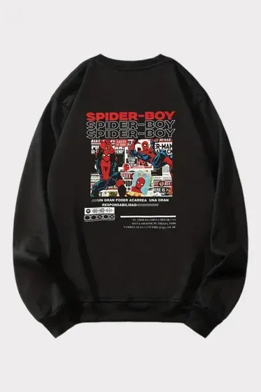 Siyah 3 iplik Şardonlu Sırt Baskılı Spider - Boy Sweatshirt x6