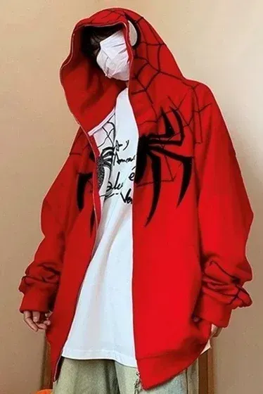 Kırmızı Y2k Streetwear Spider Web Oversize Fermuarlı Unisex Kapüşonlu Hırka x6