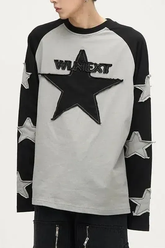 Gri Siyah Harajuku Star Graphic Uzun Kol T-Shirt x6