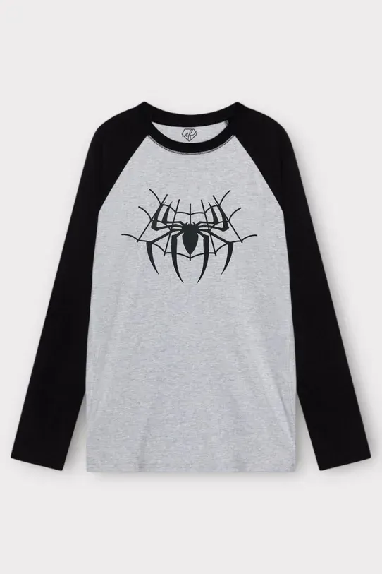 Gri Siyah Unisex Spider Web Uzun Kol T-Shirt x6