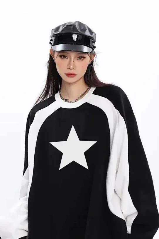 Siyah Y2K Streetwear Star Baskılı Bisiklet Yaka Sweatshirt x6