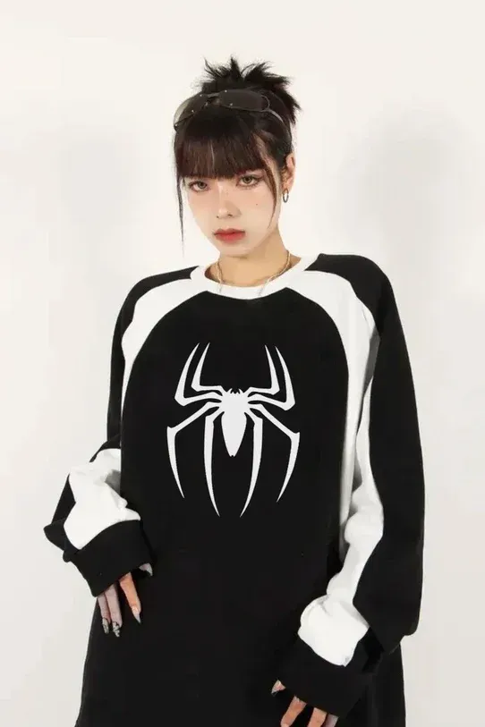 Siyah Y2K Streetwear Spider Baskılı Bisiklet Yaka Sweatshirt x6