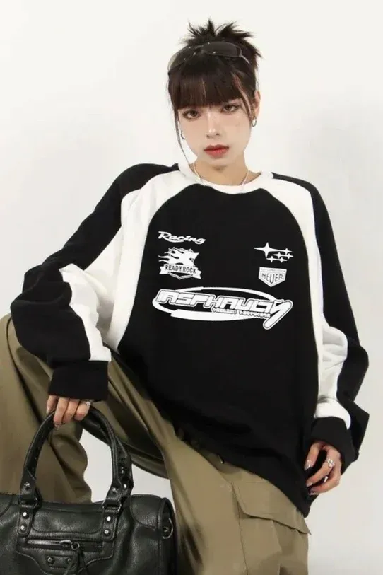 Siyah Y2K Streetwear Racing Have Baskılı Bisiklet Yaka Sweatshirt x6