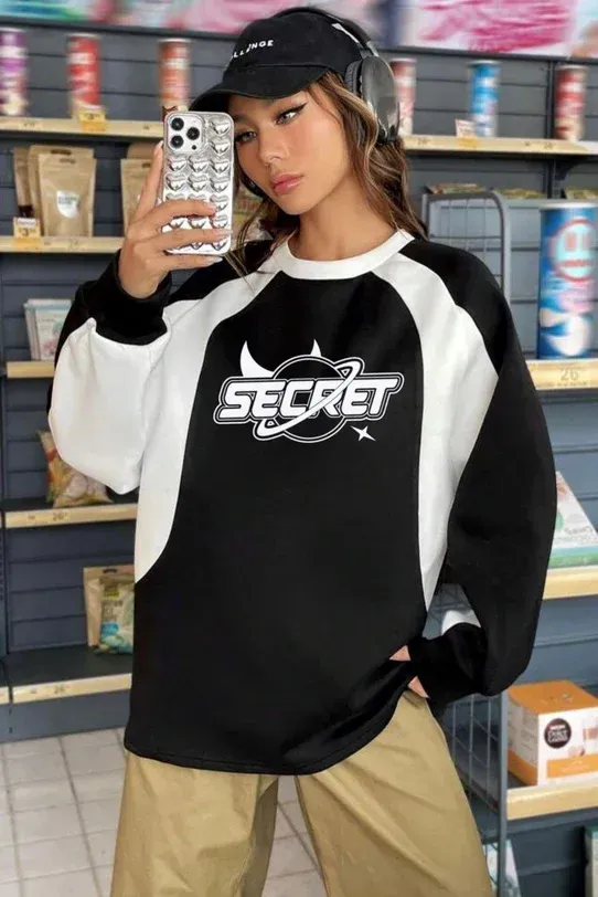 Siyah Beyaz Detay Secret Şardonlu Sweatshirt x6