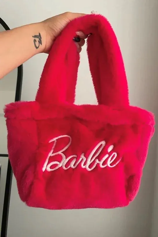 Pembe Barbie Yazılı Peluş Çanta