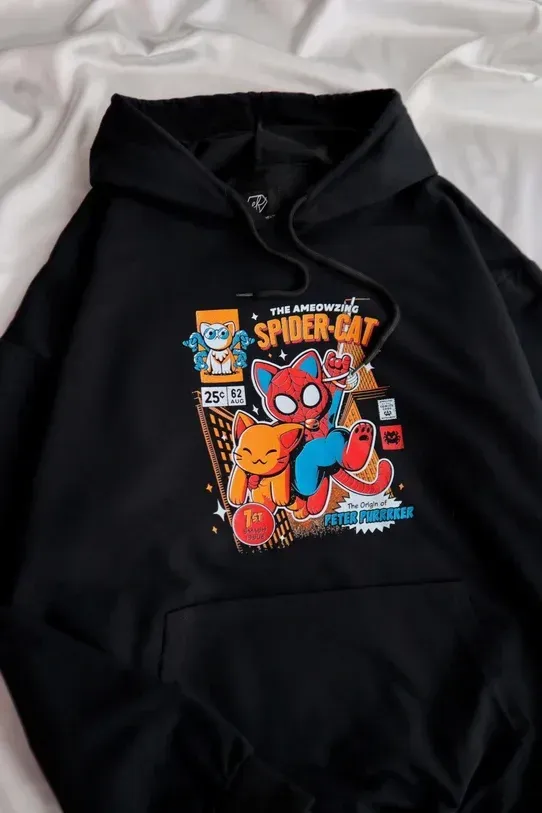 Siyah Kapüşonlu Spider - Cat Sweatshirt x6