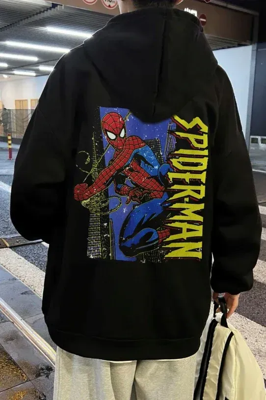 Siyah Kapüşonlu Sırt Baskılı Spiderman Karakter Sweatshirt x6