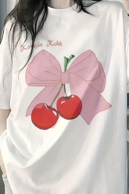 Beyaz Unisex Cherry Bow T-Shirt x6